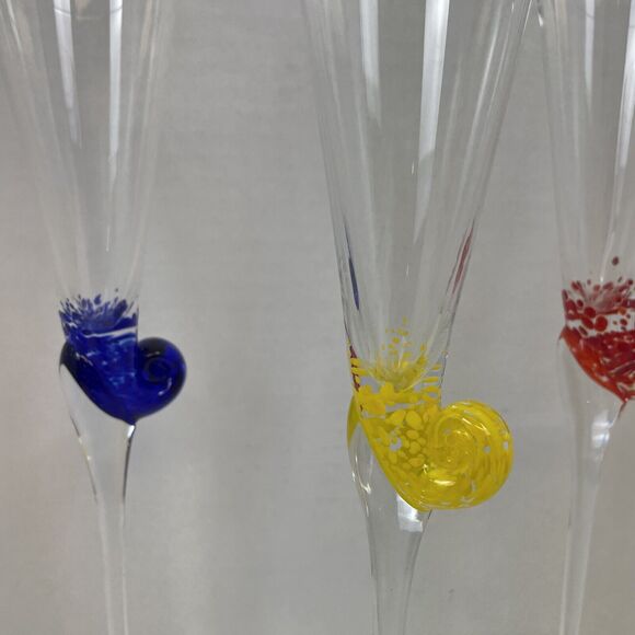 Set of 3 Murano Art Glass Cobalt Snail Escargot Crystal Champagne Flutes - Picture 4 of 9